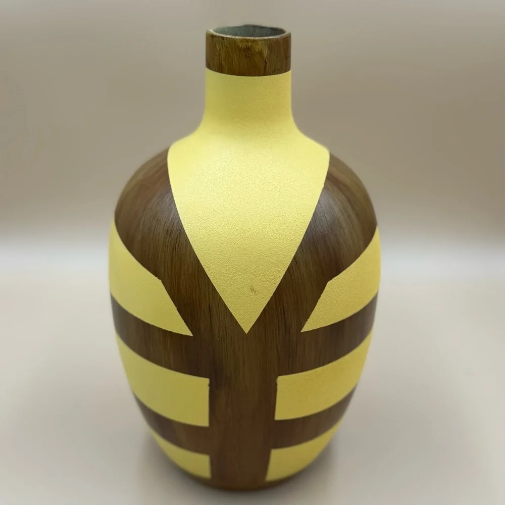 Modern Wood Vase with Yellow Geometric Mid-Century Modern Style Inspired Design